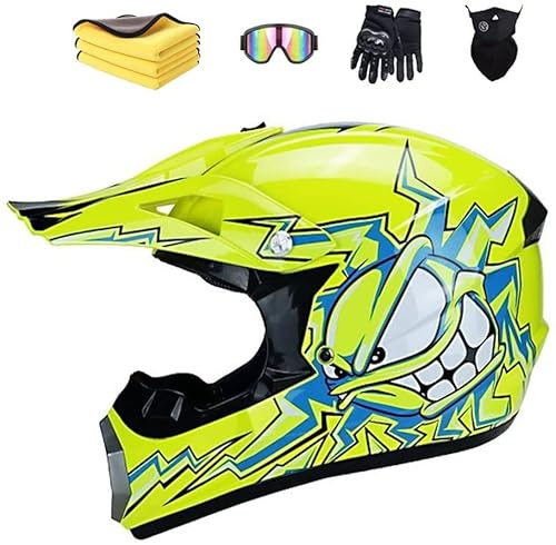 LVSENET Casque De Motocross Convient Enfants Casque De Cross Pour EnfantCasque Downhill Pour Enfants Casque Intégral Moto Cross VTT Avec Lunettes Gants (yellow 3,S(52-56cm))