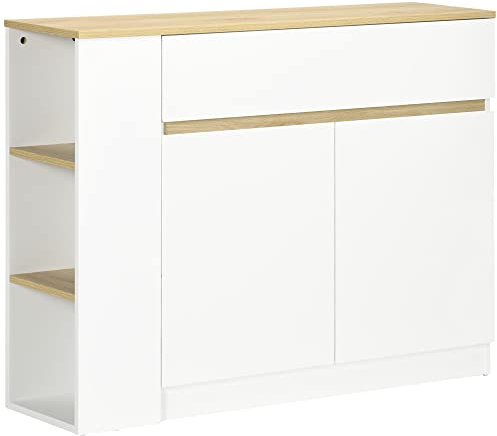 HOMCOM Aparador Blanco Aparador de Cocina con 2 Puertas Cajón y 3 Estantes Abiertos Armario de Almacenamiento para Salón Comedor 110x29,5x82 cm