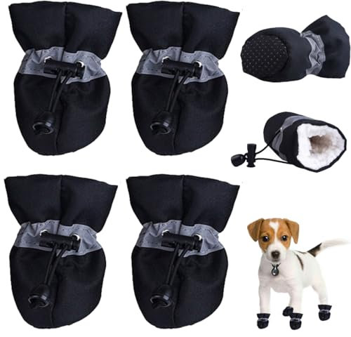 FaJoek Chaussures de Chien Antidérapantes 4pcs Botte Chien Protection Neige,Bottes Chien avec Sangles Réfléchissante, Chaussures Chien Imperméable,Bottes de Chien en Peluche Petits Chiens (Noir, #3)