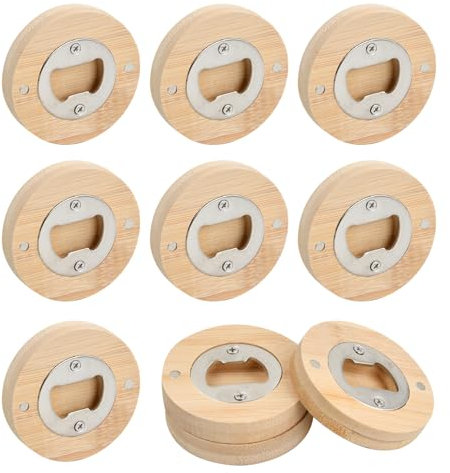 Set di 10 forni per bottiglie, in legno, forni per bottiglie rotondi, in legno, apribottiglie ispessiti e infrangibili, in acciaio inox, con magnete (diametro 6,5 cm)