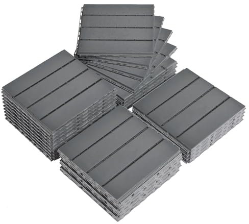 Bonnlo Composite Garden Decking Tiles, 27 Pcs Plastic Outdoor Flooring, 30x30cm Patio Paving Slabs Decking Squares Indoor & Outdoor Grey (Dark Grey)