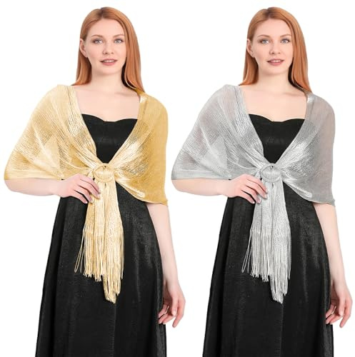 VOSSOT 2 stycken stola för aftonklänning, glitterhalsduk silver dam, bolero damer, festlig elegant halsduk stola för aftonklänningar, bröllopsklänningar, aftonklänningar, vardagskläder, Guld, M
