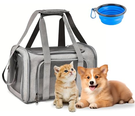 APKOL Bolsa Transportín Gato,6KG Transportín Perro,45x30x30cm Plegable Bolsa Perro Transporte,Transportadora Gato con Correa de Hombro Ajustable y con Cojín Extraíble Tazón,Gris,L