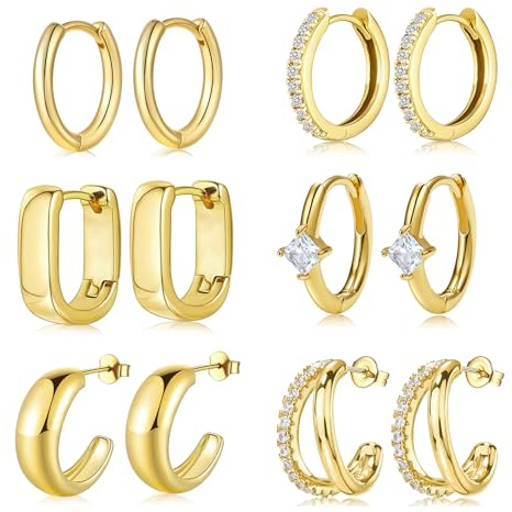 jagosen 6 Pairs 9ct Gold Hoops Earrings For Women Hypoallergenic Chunky Huggies Hoop Earrings Set For Women Lightweight Gold Plated Statement Cartilage Stackable Earrings Gold Jewellery Set