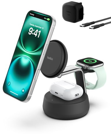 Belkin UltraCharge Pro Wireless Charging Station 25W, 3-in-1 Qi2.2 Certified MagSafe Compatible Charger for iPhone 17, Air, Apple Watch, AirPods, Pixelsnap, with Cooling Fan, 45W Adapter - Black