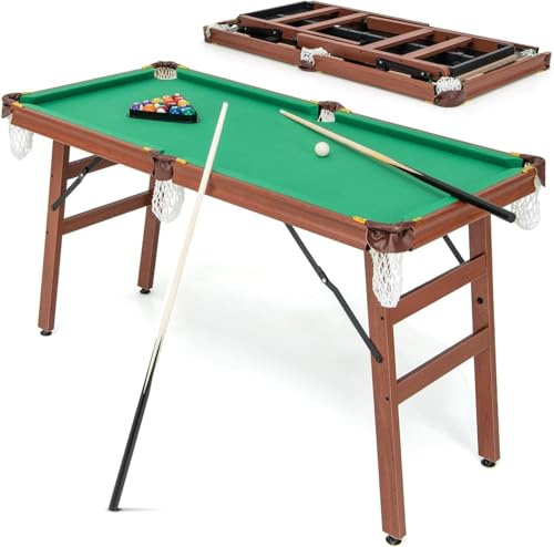 4.5FT Billiards Table, Folding Pool Table with 2 Cue Sticks, 16 Balls, Triangle & Brush, Portable Pool Game Table Set, for Kids and Adults