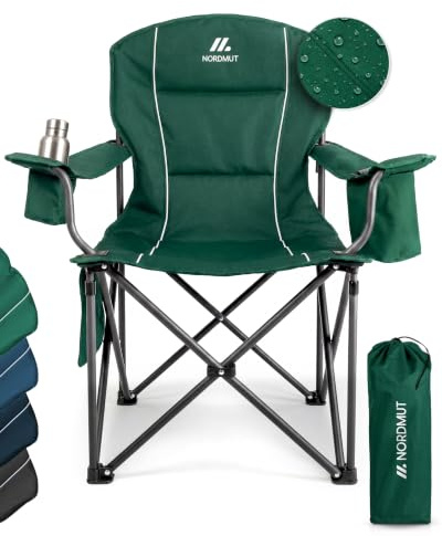 NORDMUT® Silla de Camping Plegable Ligera – Resistente con Capacidad de 200 kg – Cómoda Silla de Pesca con Bolsa térmica práctica y portavasos (Verde 1x)