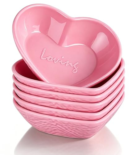 HOMQUEN Cuencos para Salsas, Juego de 6 Platitos de Plástico Resistente de 90 ml, Mini Plato Aperitivo en Forma de Corazón Rosa para Salsa de Soja, Condimentos, Sushi, Kétchup y Barbacoas