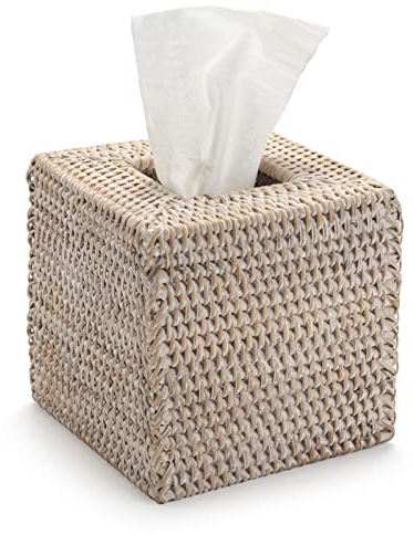 Rattan Tissue Box Cover Napkin Holder for Home Office Car Honey Brown (White, 14x14x15cm)