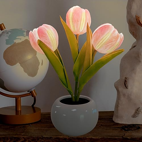 YATOSEEN Lámpara de Tulipán, Lámpara de Mesa Lámpara de Escritorio Adornos Florales Led Simulación Tulipán Luz de Noche con Cerámico Jarrón, para el Hogar Sala de Estar Decoración de Escritorio