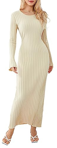 Vestido de Punto para Mujer Acanalado Vestido de Manga Larga O-Cuello Bodycon Slim Fit Vestido de Punto Acanalado Ajustado Elegante Maxi Vestido Vintage Túnica de Punto de Ganchillo Vestido Wrap