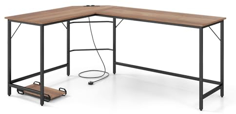 LIFEZEAL Scrivania Ufficio a Forma di L con Multipresa, Stazione di Ricarica, Scrivania Angolare, Porta 2-3 Computer, CPU, Postazione di Lavoro, Telaio in Metallo, Max 150kg, 168x125x74,5cm, Naturale