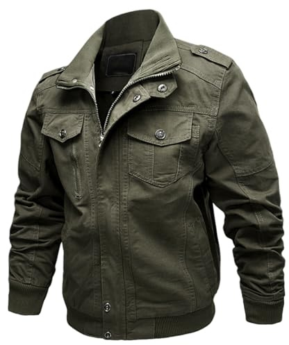 Nbzsmlkn Kyayu Cargo Cotton Jacket,Mens Lightweight Cotton Bomber Zip Jacket,Men's Casual Military Jacket Stand Collar Jackets,With Multi-Pocket Zip Cargo Jacket (Army Green,XL)