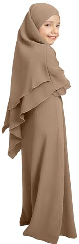 IBAKOM Gebetskleidung für Kinder Chiffon Muslimisch Kleid mit Taschen Mädchen Abaya mit Hijab Islamische Kleider Dubai Arabisch Türkische Robe Gebetskleid Jilbab Khimar Ramadan kaki 11-12 Jahre