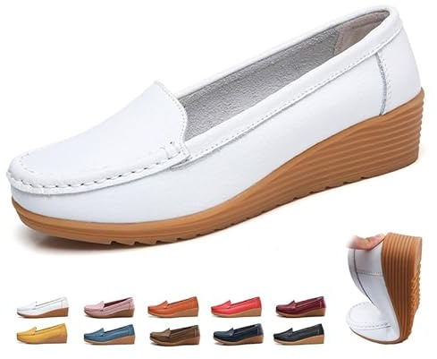 Mocasines de cuero para mujer, mocasines ortopédicos de cuña, mocasines clásicos sin cordones, para caminar, barco, casual, conducción, oficina, enfermería, White, 43 EU