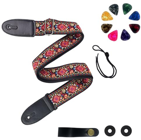 VINPAM Vintage Guitar Strap - Jacquard Embroidery Cotton with Leather Ends for Acoustic, Electric & Bass Guitars, Gibson-Style | inc. Strap Locks, Buttons & 3 Plectrums (Red)