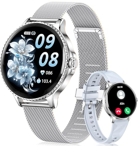CIVO Montre Connectée Femme Sport: Argent Smartwatch Ronde Repondre Appel - Montres Bracelet Podomètre Etanche Fitness Tracker pour Android iOS Bleu