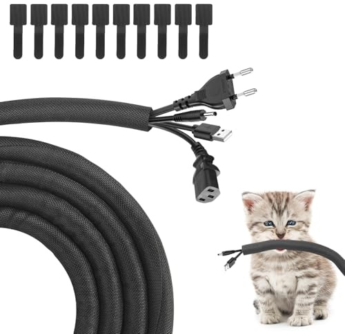 Protector de cable con cierre automático, 3 m de diámetro de 10 mm, color negro, de poliéster trenzado, flexible, para gestión de cables, protección para gatos y animales, con bridas