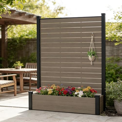 Kozyard Privacy Screen with Planter, 70 H x 51 W Outdoor Garden Screen, Waterproof Aluminum Frame with Thick Wood-Plastic Boards, Decorative Privacy Screen for Patio, Balcony & Backyard Beige