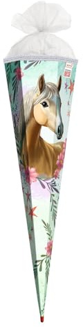 ROTH School Cone, 85 cm, Bella Horse Motif with Glitter Border and Red Lace, Hexagonal and Tulle Closure