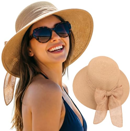 DRESHOW Solhattar för Kvinnor Resevänlig Hopfällbar Strandhatt Sommarhatt med Bred Brätte Stråhatt med Vindskydd UPF 50+