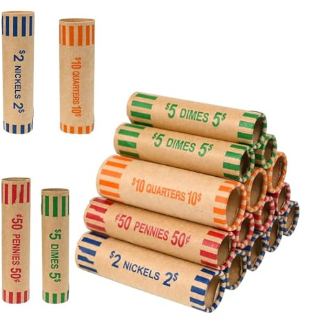 Jnchdghwa 128 Rotoli Preformati per Involucri di Monete - Rotoli Assortiti per Involucri Resistenti per Quarti, Penny, Nichel e Monete da Dieci Centesimi