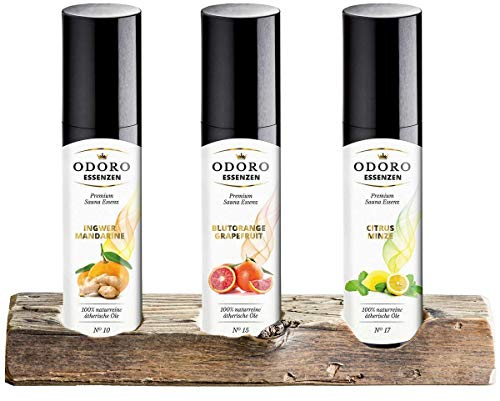 Saunageschenk Set einzigartiger Unikat Aufsteller Vintage Holz - 100% naturreine ätherische Öle von Odoro Essenzen – Premium Saunaufguss (fruchtig) – Blutorange, Ingwer Mandarine, Citrus Minze