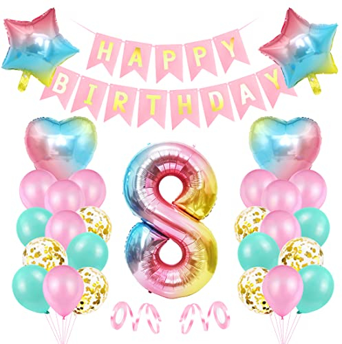 Luftballon 8. Geburtstag Rosa - Deko für Mädchen, Riesen Folienballon, Bunt Folienzahlen Ballons, Banner