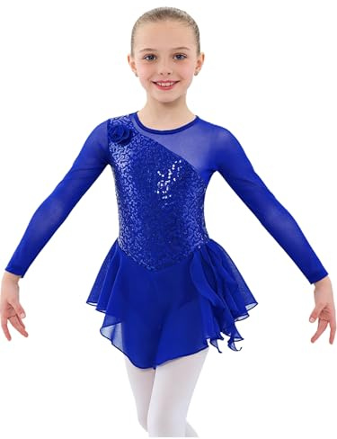 inlzdz Body da Pattinaggio Artistico Bambina Abito con Manica Lunga in Paillettes Vestito da Danza Classica Tuta da Ginnastica Leotards Danza Ballo Balletto Dancewear A Royal Blue 4 Anni