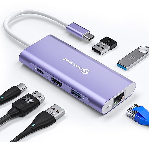 Hub USB C, UtechSmart 6 en 1 Adaptador USB C a HDMI con Ethernet 1000M, Puerto de Carga PD 100W, Adaptador de 3 Puertos USB 3.0 Compatible para MacBook Pro, Chromebook y Dispositivos USB C (púrpura)