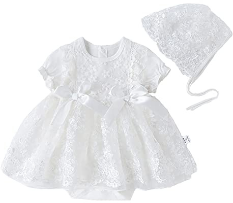 Toddler Baby Flower Girls Lace Dress First Birthday Wedding Baptism Christening Dresses Infant Princess Pageant Communion Gown with Hat Long Sleeve Fall Dress Outfits White Lace 0-3 Months