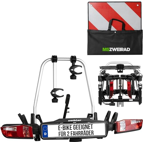 Uebler Fahrradträger Auto Kupplungsträger X21 S 60° für 2 Fahrräder E-Bike MTB faltbar inklusive reflektierende Warntafel 50x50cm + 4 Spanngummis