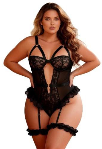 ohmydear Body sexiga underkläder kvinnor teddy underkläder bodysuit spetstropp med bygel bh underkläder v-ringning underkläder stora storlekar sexiga underkläder med tryckknapp, svart, M-L