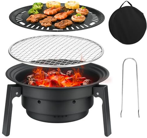 PIQUEBAR Barbecue coréen avec sac de transport, petit barbecue portable au charbon de bois pliable rond pour camping en plein air, noir