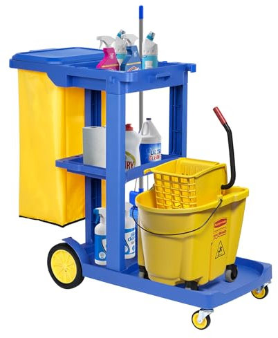bimiti Janitorial Trolley Janitor-Housekeeping Cart on Wheels Cleaning Trolley with Vinyl Bag Lid Heavy Duty Commercial 3-Tier Janitorial Cart on Wheels for Hotel Service Shopping Centres Office