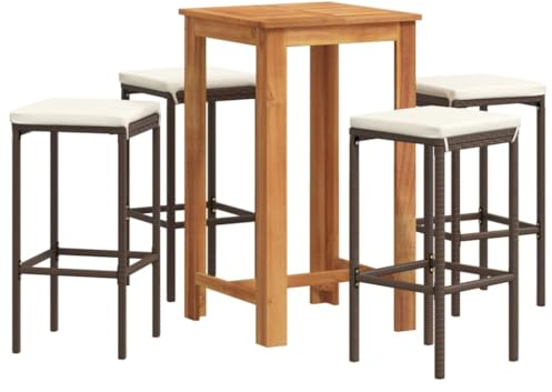 vidaXL Mesa y taburetes de jardín 5 pzas Madera Acacia ratán PE marrón, Mesa y taburetes Altos de jardín, Set de Bar de Exterior, Muebles de Bar de Exterior