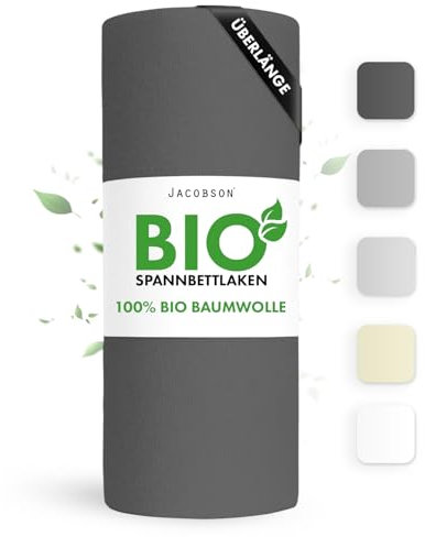 Jacobson Bio Spannbettlaken ÜBERLÄNGE 180x220cm Baumwolle Spannbettlaken, GOTS zertifiziertes Bettlaken, 160g/m² Jersey Spannbetttuch (180x220, Anthrazit)