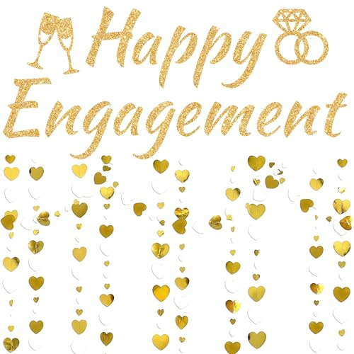 Happy Engagement Party Decorations Banner Garland Gold White Letters Set | Hanging hearts confetti circles, for proposal, she said yes, the couple, ring, photo props, backdrop, hen do weekend