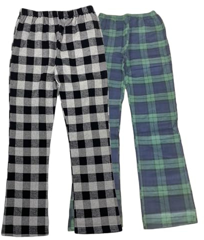 LANBAOSI Boys Pyjama Bottoms Kids 2 Pack Checked Cotton Flannel Trousers | Plaid Lounge, Brushed Flannel, Elasticated Waistband, Loose Leg, All-Over Checked, Cosy for Cold Nights, Machine Washable
