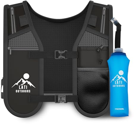 Lati Outdoors Running Vest with Waterproof Phone Pouch - Breathable Hydration Pack with 500ml Collapsible Water Bottle - Adjustable Reflective Running Hydration Pack for Men and Women with 6 Pockets