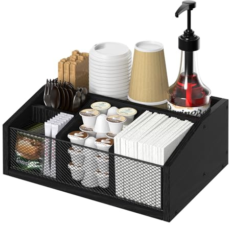 Organizer nero per stazioni di caffè, accessori da bar a 5 scomparti per ufficio e cucina, ideale per organizzare tovaglioli, dolcificanti, bastoncini per mescolare e cialde