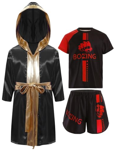 Oyolan Barn pojke boxningsshorts och T-shirt badrock boxningsklänning huvtröja set Muay Thai MMA sparkar boxning, svart röd , 11-12 år