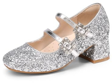 DREAM PAIRS Girls Double Strap Pumps,Silver,3 Big Kid