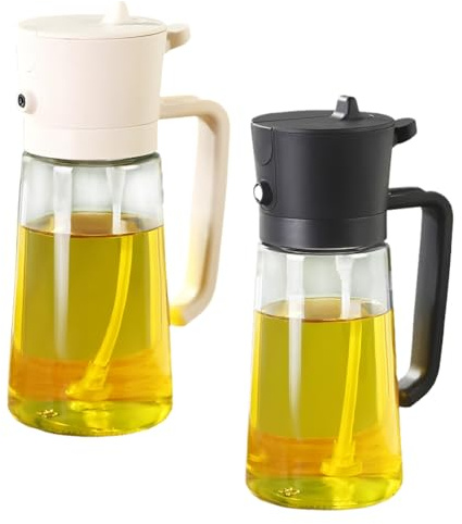 2 i 1 Oljeflaska, Oljespruta för Matolja 470 ml, 2 Stycken - Oljesprayflaska för Airfryer, Oljespruta Oljespray för matolja, Kök, Sallad och Vinäger, Oliedispenser för Varmluftsfritös, Svart och Vit