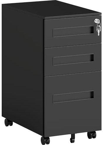 Vinsetto 3 Drawer Mobile File Cabinet, Metal Filing Cabinet with Lock and 5 Wheels for A4/Legal/Letter Sized Documents, Hanging File Folders, Pre-Assembled Body, 30 x 43.5 x 60 cm, Black