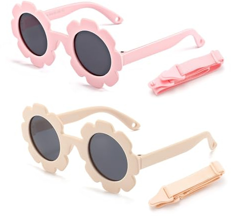GMHLLES 2PCS Baby Sunglasses,Toddler Sunglasses 0-24 Months Cute Flower Polarized Uv400 Protection mit 2 Snap Cords Suitable for Newborn Baby Girls and Boys (Pink and Milk White)