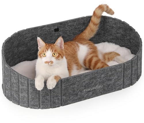 FUKUMARU Cat Beds for Indoor Cats, 24 Inch Large Cat Couch Bed with Cozy Faux Rabbit Fur Cushion, Felt Cats House Sofa in Oval Shape, Grey