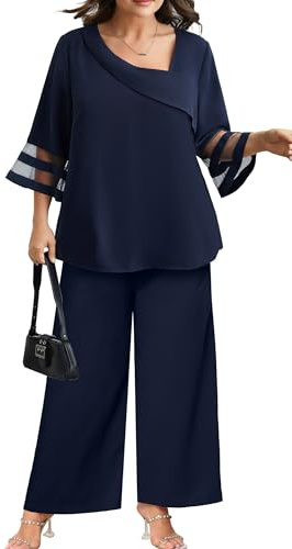 AOVDE Plus Size Pant Suits 2 Piece Casual Dressy Pantsuits Mesh Panel Bell Sleeve Outfits for Women Evening Dinner Party, Navy Blue, 16 Plus