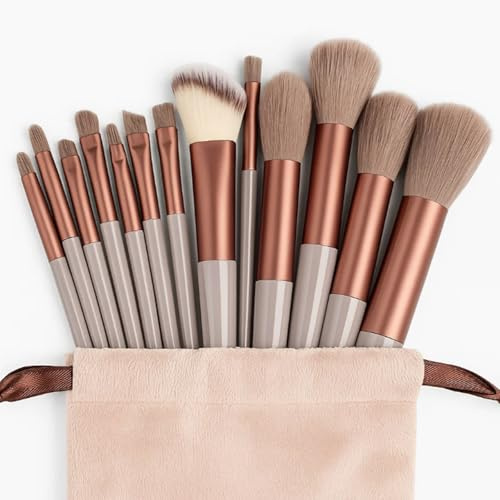 13-Piece Brown Makeup Brush Set with Carrying Pouch with Storage Bag Portable Travel Size Make Up Brush Set for Foundation Powder Eye Shadow Contour handles Soft Dense Bristles (Brown Brush & Bag)