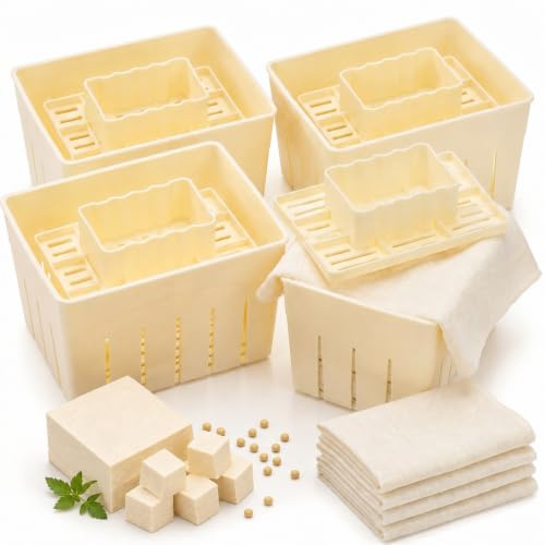 Noamus 4 Pack Tofu Press Mould, Food Grade Plastic DIY Homemade Cheese Maker, BPA Free Pressing Mold with Cheesecloth Kit, Rectangular Home Self-Made Tofu Tool Box for Soybean Curd Press, Kitchen